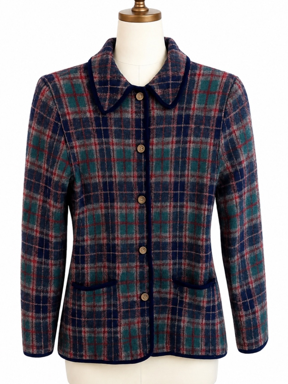 iCe Size Small 100% Wool 2 Pocket Blue Green Red Women’s Plaid Cardigan Jacket